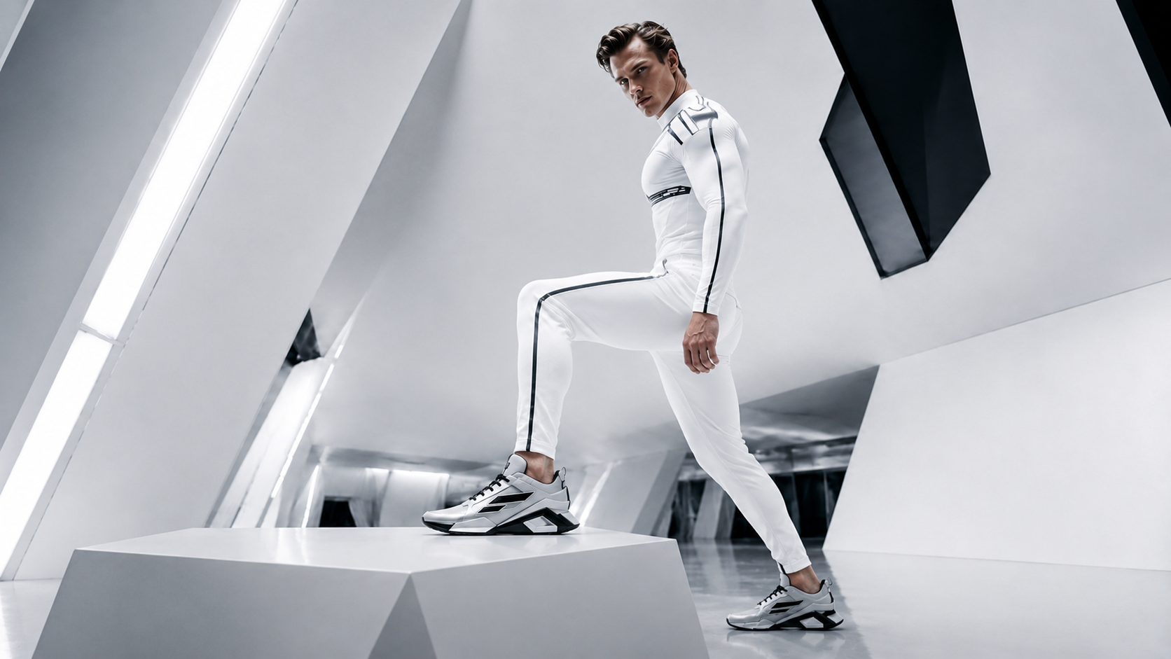 AWKONE model in white technical apparel and sneakers posing on an architectural platform