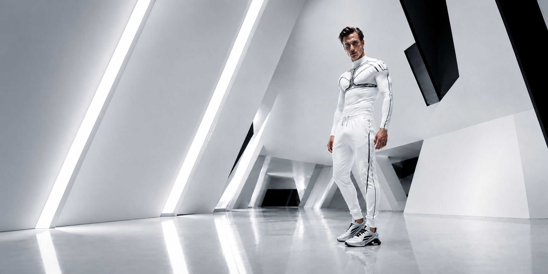 AWKONE model wearing white technical apparel and sneakers